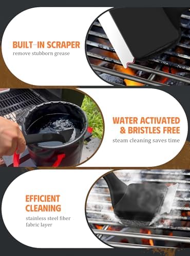 Grill Brush Bristle Free, Grill Cleaner Brush with 5 BBQ Replacement Head for Cast Iron, Stainless Steel Grates, Safe Grill Scraper Outdoor BBQ Grill, Black