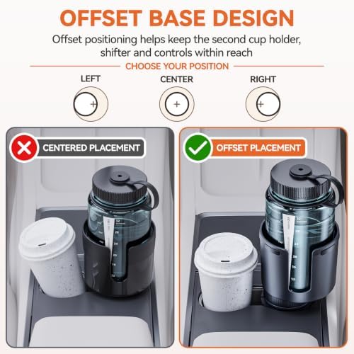 Car Cup Holder Expander for Large Water Bottles, Quick Install Cup Holder Extender for Car, Offset Base, Non Slip Adapter Compatible with Owala Stanley Yeti Hydro Flask 18-64 oz