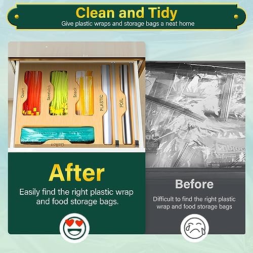 Bag Organizer and Plastic Wrap Dispenser with Cutter, 6 In 1 Bamboo Foil and Plastic Wrap Organizer for Kitchen Drawer, Food Storage Bag Organizer for Gallon,Quart,Sandwich,Snack(Yellow)