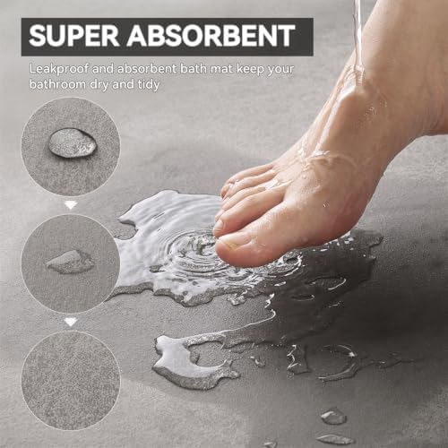 Bath Mat-Rubber Backing Non SlipThin Bathroom Rugs Fit Under Door- Quick Dry Absorbent Faux Suede Surface Grey Bathroom Floor Mats-Shower Rug for in Front of Bathtub Shower Gray 16x24