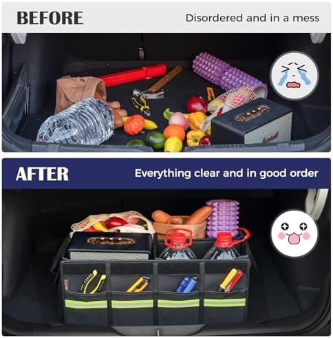Car Trunk Organizer - 70L Nappa Leather Trunk Organizer for SUV with Lid, Multi Collapsible Car Storage Organizer Foldable, Multi Compartments with 2 Straps for SUV/Truck