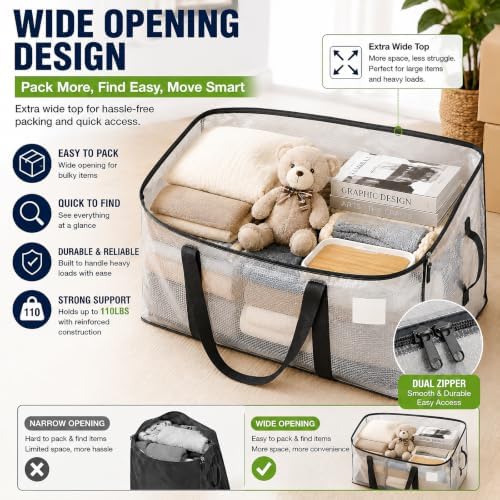 Moving Bags Heavy Duty Extra Large, 6 Pack Semi-Transparent Storage Bags with Zippers & Reinforced Handles, Waterproof Packing Bags for Moving, Moving Supplies for Clothes, College, Storage