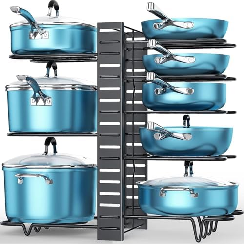 Pots and Pans Organizer Under Cabinet 16.6", 8-Tier Adjustable Rack