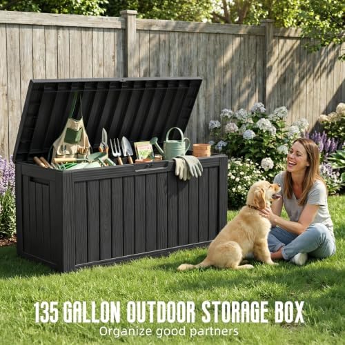 135 Gallon Deck Boxes Outdoor Waterproof Storage Box with Wheels