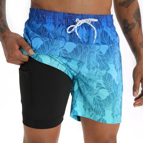 Mens Swim Trunks with Compression Liner 5.5" Inseam Shorts Bathing Suit Quick Dry Swimsuit