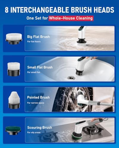 Electric Spin Scrubber, Extendable Handle, 8 Brush Heads-WH