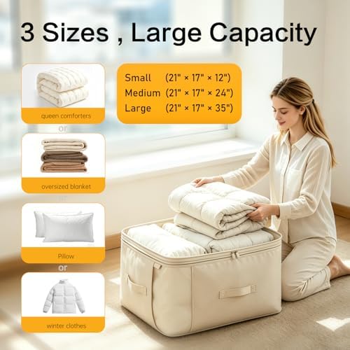 Comforter Storage Bag, Large Capacity Blanket Storage Bags 2-Layer Ultra Space Saving Self Compression Organizer, Heavy Duty Space Saver Organizer for Bedding, Clothes, Blanket, 2-Pack, Beige