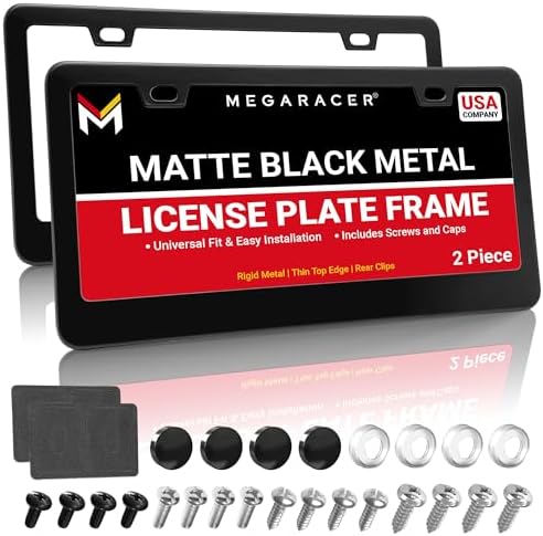 Premium Matte Black License Plate Frames, 2 Pack, Thin-Top Design, Metal