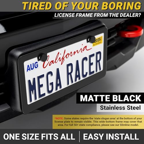 Premium Matte Black License Plate Frames, 2 Pack, Thin-Top Design, Metal