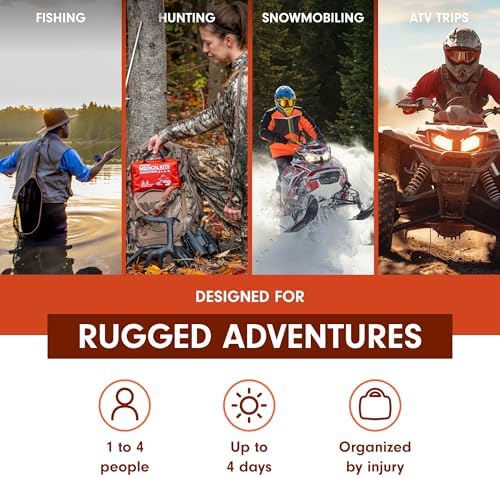 Sportsman Series Medical Kit - 200 - First Aid Kit for Camping, Hiking, Hunting & More - For 4 People for 4 Days - Includes Bandages, Medicine, Guide Book & More