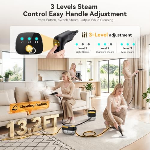 Steam Cleaner, 3 Level Adjustable Handle with 15 Accessories