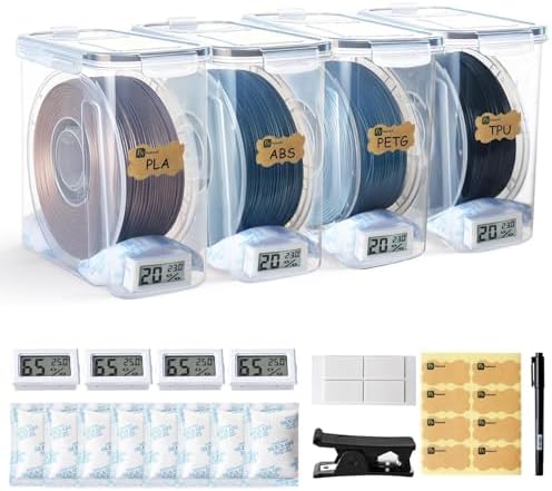 Filament Storage Box - 4 Pack 4L 3D Printer Filament Containers with 4 Hygrometers, Airtight Dry Boxes for Sealing and Protection, Water-Proof & Dust-Proof, Reusable Desiccant, Tube Cutter