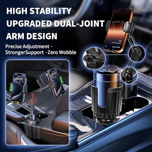 Upgraded Cup Holder Phone Mount for Car - Permanent Screw-Fixed Base (No Wobble), Offset Space-Saving Design,Universal Adjustable Cell Phone Cradle for iPhone, Android, SUV, Truck