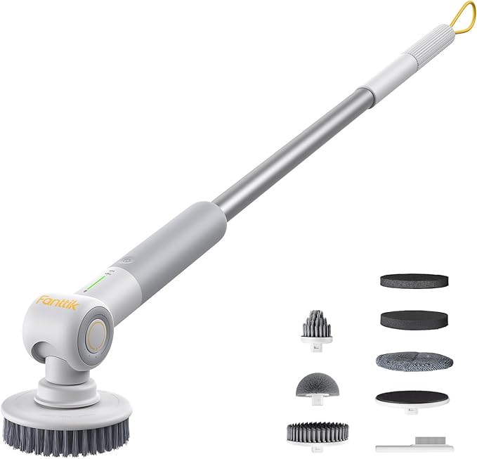 Fanttik Flip G9 Pro Electric Scrubber, VoltiPulse Motor, Dual-Speed Cleaner with 6 Brush Heads, Adjustable Angle & Extendable Handle, IPX7 Waterproof, Type-C Charge for Bathroom, Tile, Grout - White