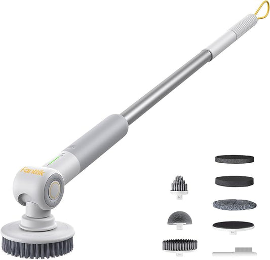 Fanttik Flip G9 Pro Electric Scrubber, VoltiPulse Motor, Dual-Speed Cleaner with 6 Brush Heads, Adjustable Angle & Extendable Handle, IPX7 Waterproof, Type-C Charge for Bathroom, Tile, Grout - White