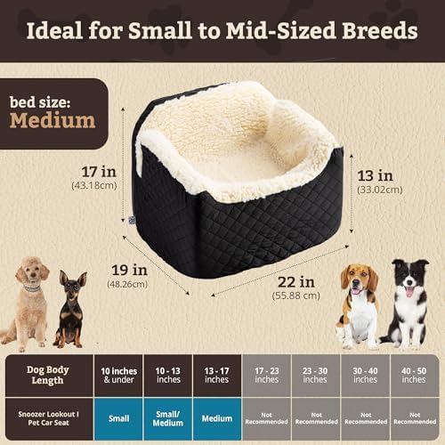 Lookout I Car Seat - Dog Car Seats for Small Dogs, Puppy Booster Bed for Small & Medium Sized Pets Up to 25 Lbs, Elevated, Washable - Medium, Black Quilted