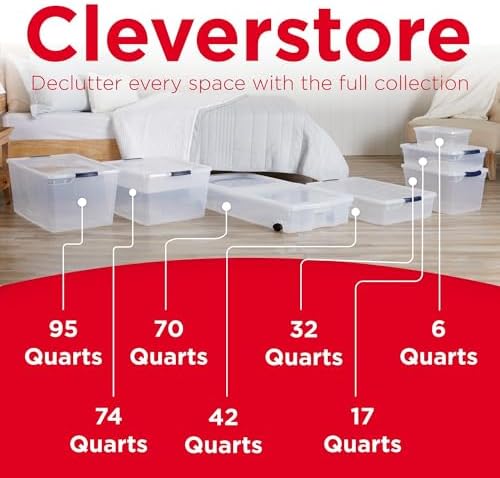 Cleverstore Clear 32 Qt, 6 Pack Stackable Plastic Storage Bins with Lids, Great for Closet and Laundry Storage, Organizing in the Home