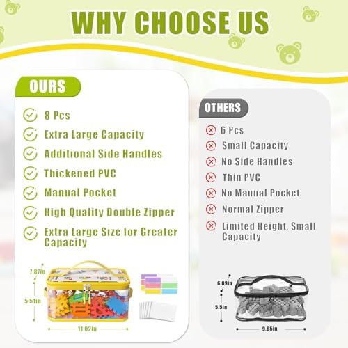 8 Packs Large Clear Toy Storage Bags with Double Zipper & Handles, L