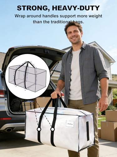 Supports 200lbs Heavy Duty Moving Bags - Strong Zipper & Wrap-Around Handles - Water-Resistant Storage Totes, Durable Alternative to Moving Boxes - 8 Pack - Semi-Transparent