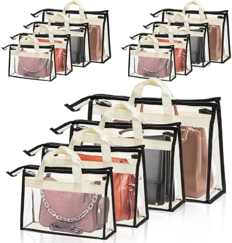 12 Pack Clear Handbag Storage Organizer, Dust Bags for Handbags, Transparent Purse Organizer for Closet, Hanging Handbags Dust Cover Bags with Zipper, Handles and Hooks