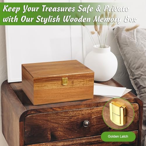 Wooden Keepsake Box, Large Acacia Storage Memory Box with a Hinged Lid for Crafts and Photo Storage