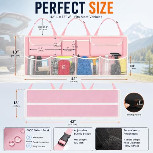Car Trunk Organizer, Large Capacity Backseat Trunk Storage Organizer with 8 Pockets, Foldable SUV Cargo Organizer for SUV, Truck, Van & MPV, Black (Pink)