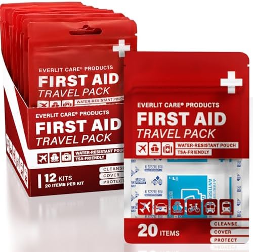 Travel Bandage Pack | 12 Individual Packets, Bulk Portable Mini First Aid Kit with 20 On-the-Go Essentials | Compact Water-Resistant Reusable Pouch to Clean, Cover & Protect