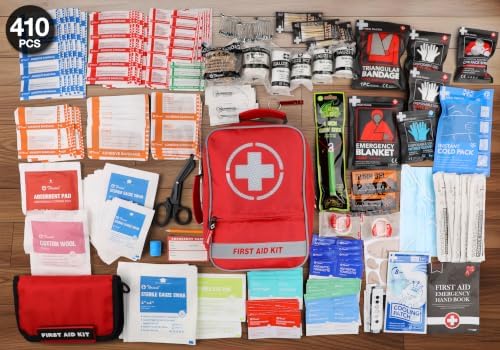 410 PCS First Aid Kit, Double‑Sided Reflective Well‑Organized Waterproof Emergency Supply Kit for Home, Car, Travel & Outdoor