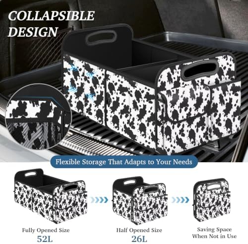 Trunk Organizer, Collapsible Trunk Organizers and Storage, Car Accessories for Women and Men, Multi-Compartment Trunk Storage Organizer for SUV, Car, Mini-Van (Cow Print, Standard)