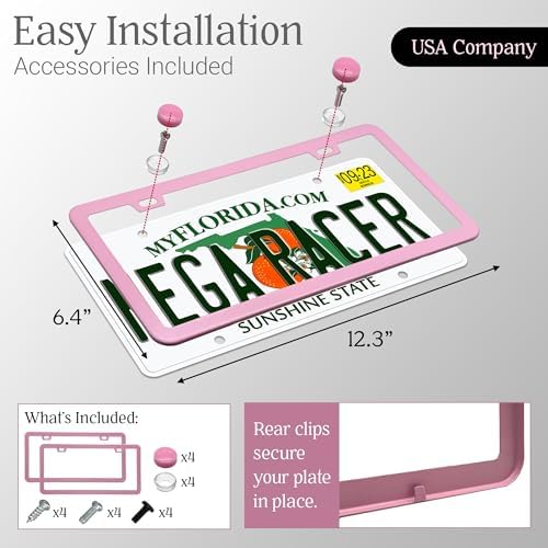 Premium Slim Princess Pink License Plate Frames, 2 Pack, Thin Edge, Metal