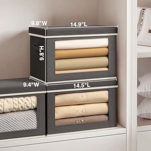 Storage Bins with Lids - Fabric Storage Boxes with Window, Collapsible Closet Organizers with Handles, 3 Pack Decorative Bin, Home Cubes Baskets for Clothes, Hat, Books, Dark Grey
