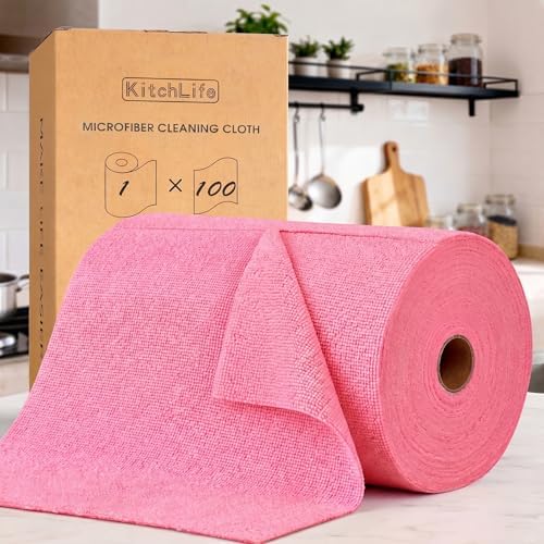 Microfiber Cleaning Cloth Roll, 100 Pack - Tear-Away Microfiber Paper Towels, Lint-Free, Reusable, Washable for Kitchen, Car, Dishes, and Sensitive Surfaces (Pink)