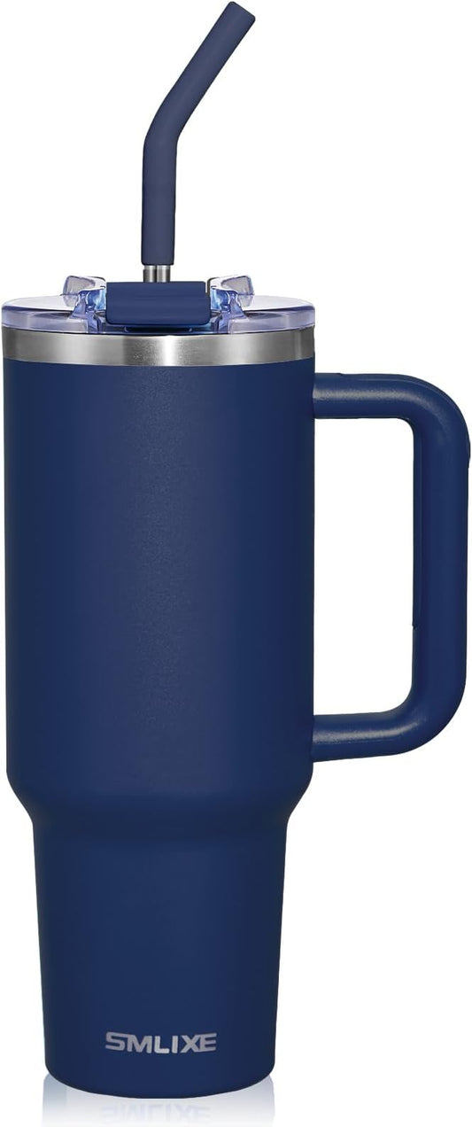 40 oz Tumbler with Handle and Straw Lid,Insulated Reusable Stainless Steel Water Bottle Travel Mug，Cupholder Friendly Double Wall Vacuum Sealed Cup (Navy)