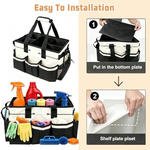 White Cleaning Caddy, Large Cleaning Bag with Handle & Adjustable Shoulder Strap, Tool Bag for Cleaning Supplies Organizer, Multi-Compartment Cleaner Caddy for Home, Car, Garden