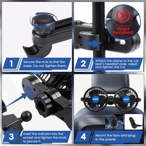 Electric Car Fans for Rear Seat Passenger Portable Fans Headrest 360 Degree Rotatable Backseat Car Fan 12V Cooling Air Fan with Stepless Speed Regulation for Vehicles, SUV, RV
