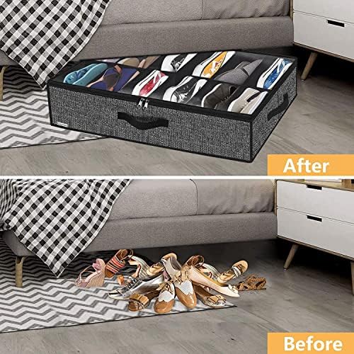 Sturdy Under Bed Shoe Storage Organizer, Set of 2, Fit 12 to 24 Pairs, Underbed Shoes Closet Storage Solution with Clear Window, Breathable, L29.3 x W23.6 x H5.9, Linen-like Black, MXAUBSB2P