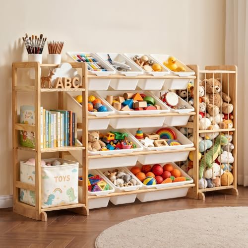 Toy Storage Organizer with Bookshelf and Stuffed Animal Storage, 12 Removable Bins and Open Shelves, Kids Playroom Organizer for Nursery, Bedroom and Living Room, 55.5 Inch Wide