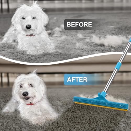 Carpet Rake for Pet Hair Removal, Reusable Pet Hair Remover Broom, 60'' Adjustable Long Handle Dog and Cat Hair Remover Tool Set of 3, Lint Remover Scraper for Carpets, Rugs, Mats, Couch, Car