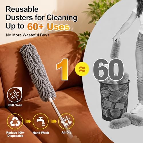 Microfiber Feather Duster 5-in-1 Kit, Dusters for Cleaning, Duster with Extension Pole 100 Inches, Cobweb Duster, Microfiber Dusters for High Ceilings and Fans, Blinds, Cars and Furniture