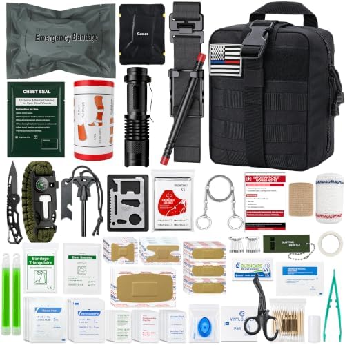 246 Piece First Aid Kit with Tourniquet and MOLLE Pouch, Portable Emergency Supplies and Survival Gear for Camping, Hiking, Travel, Car and Home, Black