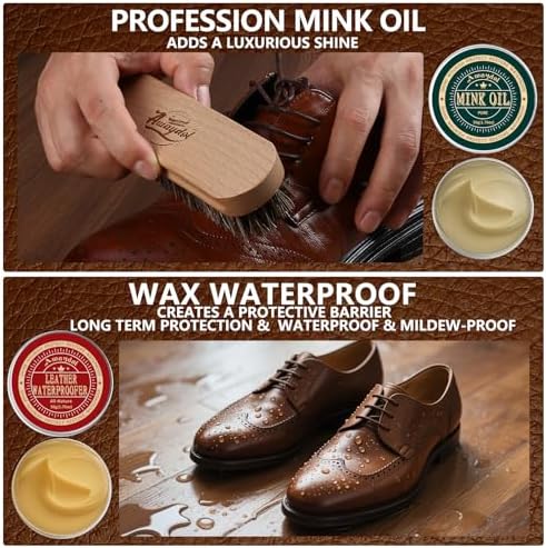 11 PCS Leather Care Kit - Horsehair Brushes,Saddle Soap,Waterproofing Wax,Mink Oil Conditioner,Polishing Cloth,Microfiber cloth,Boot Shoe Shine Cleaning Kit Gift for Men Cowboy Husband Dad