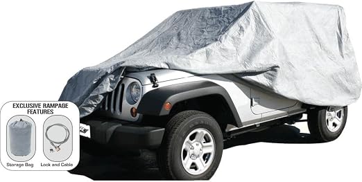 RAMPAGE PRODUCTS Rampage 4-Layer Breathable Full Car Cover with Lock, Cable & Storage Bag | Grey | 1204 | Fits 2007 - 20