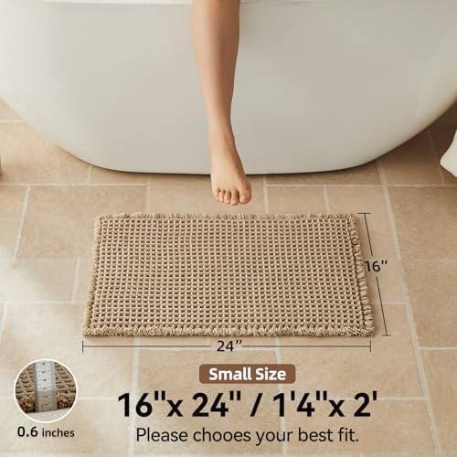 Waffle Bath Mat, Small Boho Bathroom Rugs Non Slip 16x24 Beige