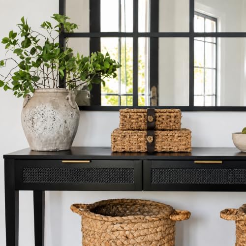 Decorative Box with Lid, Wicker Storage Basket, Water Hyacinth Woven Decorative box for Shelf, Coffee Table, Console Table, Home Decor (Large)