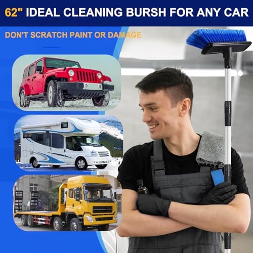 62" Car Wash Brush Mop with Long Handle Soft Bristle Scrub Car Washing Cleaning Mop with Lightweight extendable Handle for RV Boat Truck SUV Caravan Solar Panel House Siding,Sweep Snow
