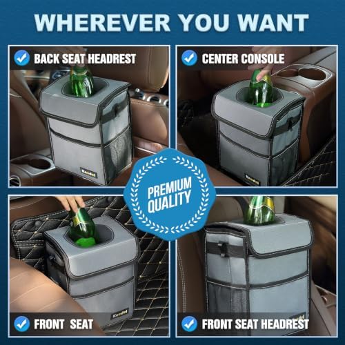 K KNODEL Car Trash Can with Lid, Car Garbage, Bin and Bag (Medium, Gray)
