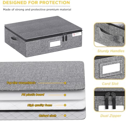Cup and Mug Storage Box 2 Pack with Hard Shell and Dividers for Coffee Mugs,Tea Cups and Glasses,Stackable Storage Organizers with Lid,Handles,Zips and Label for Moving,Holds 24, Grey