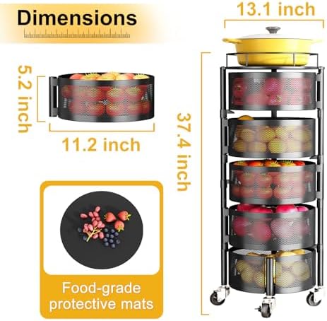 5-Tier Fruit and Vegetable Basket Bowls for Kitchen, Rotating, Black