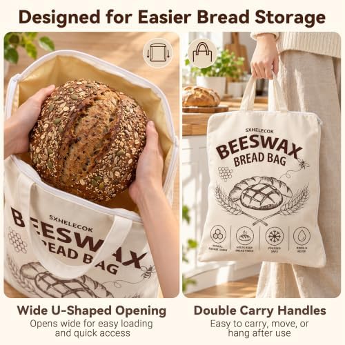 2 Pack Beeswax Bread Bag, Reusable Sourdough Storage, Zipper