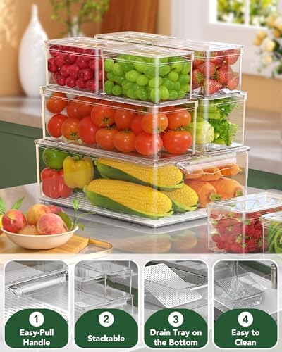 11 Pack Refrigerator Organizers and Storage, Stackable Fridge Organizer Bins, BPA-Free Clear Plastic Fruit Storage Containers for Fridge, Kitchen, Fruits, Drinks, Produce, Vegetable
